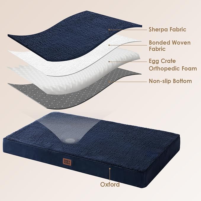 EHEYCIGA Orthopedic Dog Bed Large with Removable Washable Cover, 47IN Navy | Egg Crate Foam Support,Durable Oxford fabric,Non-Slip Bottom,Machine Washable,Soft Waterproof Plush Pet Bed Mat For Crate