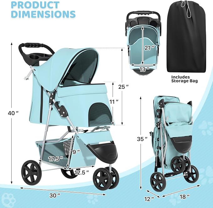 Magshion 3-Wheel Pet Stroller, Foldable Travel Jogger for Small & Medium Dogs & Cats (Up to 33lbs), Lightweight Carrier with Breathable Mesh Cover, Cup Holder & Storage Basket, Mint Green