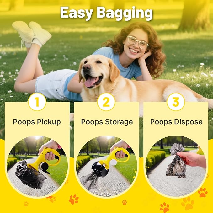Portable Pooper Scooper for Dogs with Bag Dispenser & Leash Clip, Heavy Duty Dog Poop Scooper for Yard with Strong Serrated Edge and Comfort Grip Handle, Waste Pick Up Tool for Small,Medium,Large Dogs
