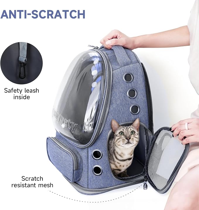 Cawypety Cat Backpack Carrier, Breathable Cat Carrier Large Space Bubble Pet Backpack for Kitty Small Dog up to 12lbs, Transparent & Foldable Pet Carrier for Travel Hiking (Blue