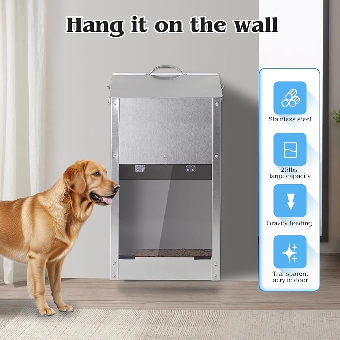 Automatic Dog Feeder Large Breed Stainless Steel Feeder Dispenser | 25LBS Outdoor Dog Feeders for Large Dogs, Automatic Dog Food Dispenser for Large Dogs and Cats