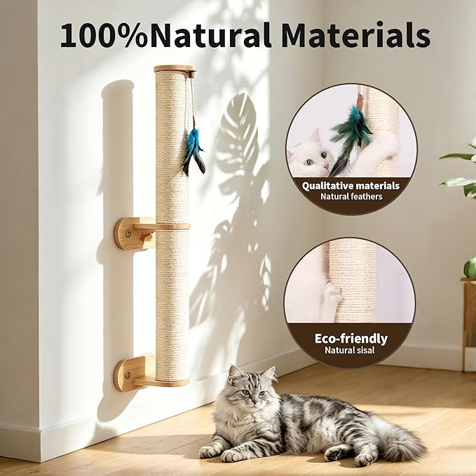 Lulu's World Cat Wall Scratcher,32" Tall No-Drill Wall Mounted Kitten Scratching Post, Cat Wall Furniture with 4 Suction Cups, Sturdy Sisal Climbing Tree Cat, Wall Shelves for Indoor （Natural Style）