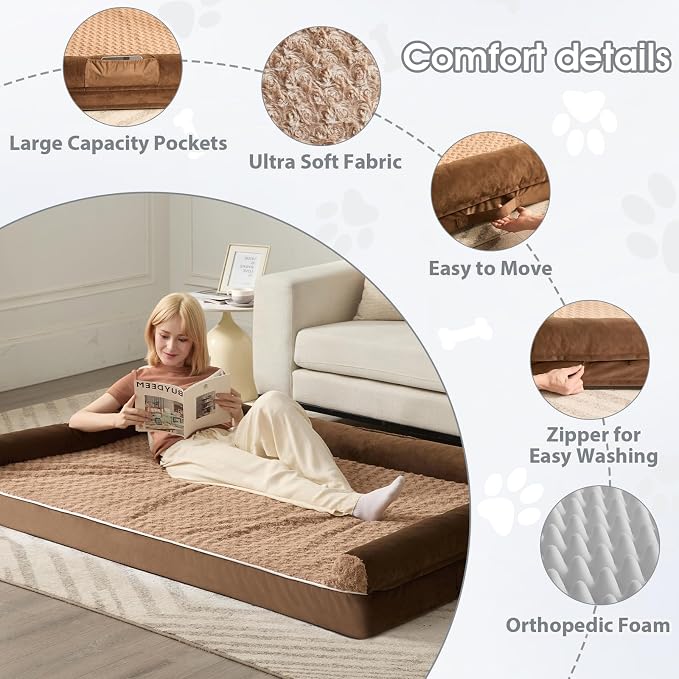BFPETHOME Orthopedic Washable Human Dog Bed for Adult & Dog Cozy Sleep | Human Size Waterproof Big Soft Pet Couch Bed for Adult & Dogs Relax with Removable Cover Supportive Foam Brown 71x46 Inch