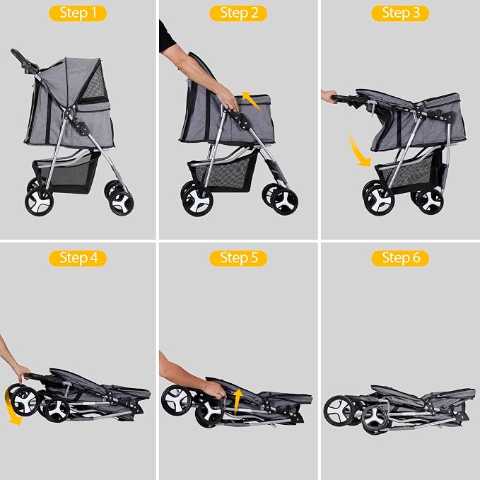 Pet Stroller for Medium Small Dogs - Easy to Walk Folding Travel Carrier Strolling Cart with Cup Holder, Weather Cover and Storage Basket (Gray)