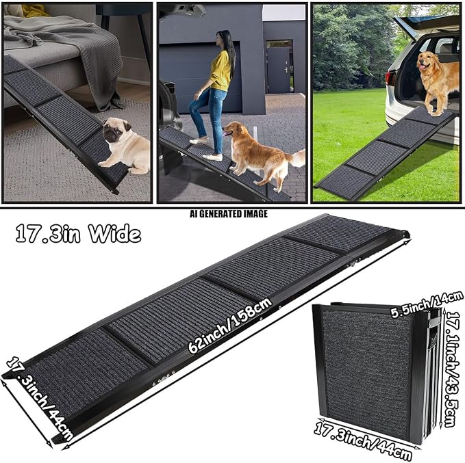 GaliGali Dog Ramp for Car Portable Folding Pet Stair 62" Long & 17.3" Wide | Ramp with Non-Slip Carpet, Wider Dog Stair Allow Medium to Large Dogs Up to 250 lbs to Enter Car, SUV and Truck