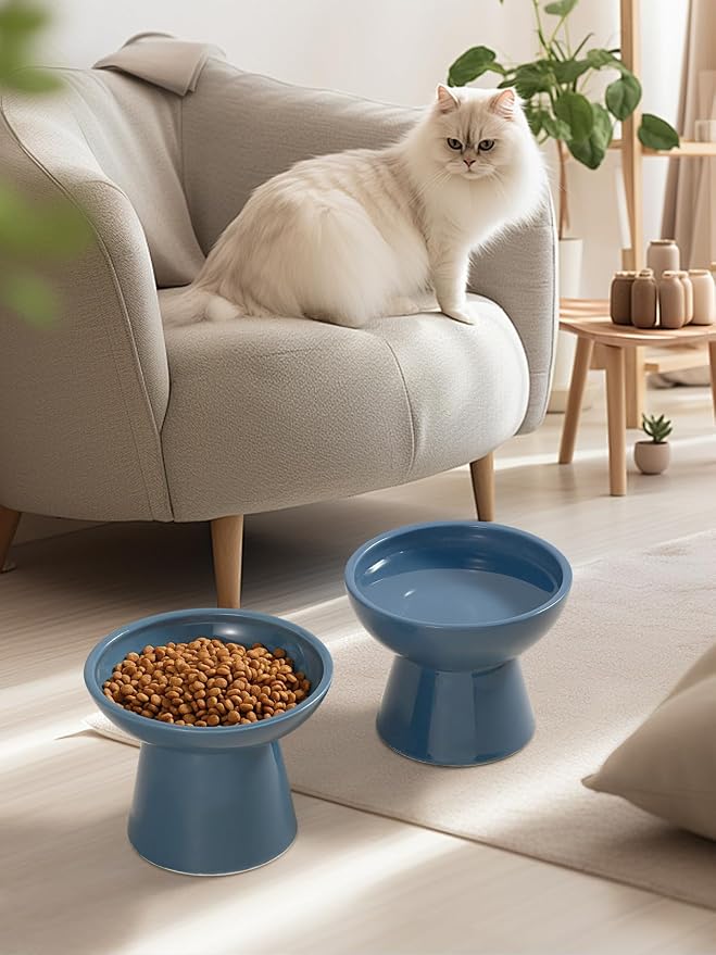 LoeJan Elevated Cat Food and Water Bowls Set, Extra Wide and Raised Ceramic Feeder, Anti-Vomit Whisker-Free Pressure Feeding Bowl for Kittens Adult Small Dogs (Deep Blue, Food Bowl)