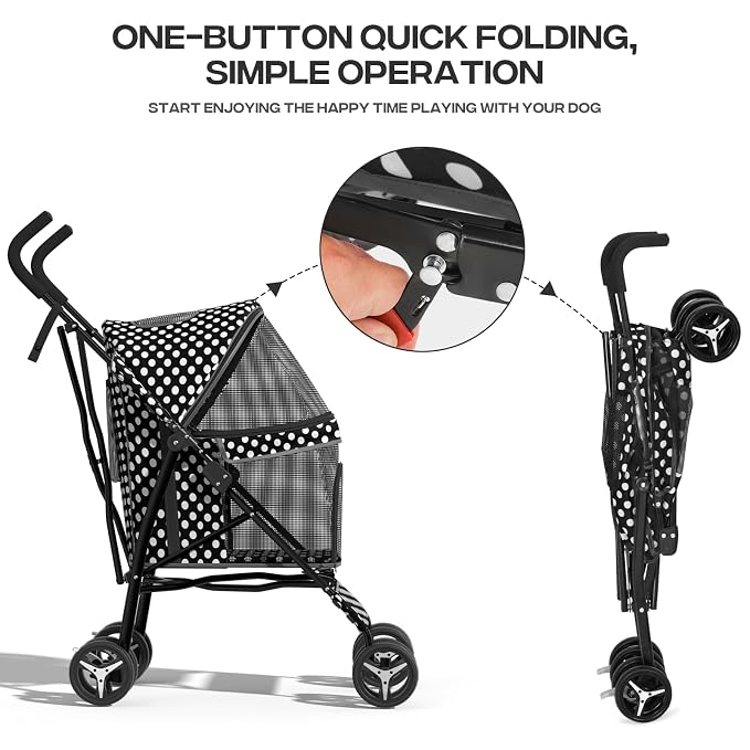Pet Stroller for Small Dogs & Cats - 10-22lbs, Rear Storage, Black Polka Dots