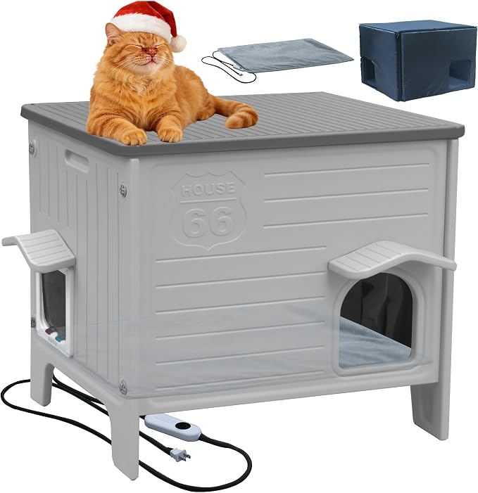 Heated Cat House for Outside with Insulated Liner | Outdoor Cat House Weatherproof,Plastic,Easy to Assemble Easy to Clean