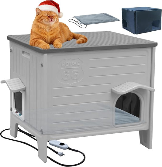 Heated Cat House for Outside with Insulated Liner | Outdoor Cat House Weatherproof,Plastic,Easy to Assemble Easy to Clean