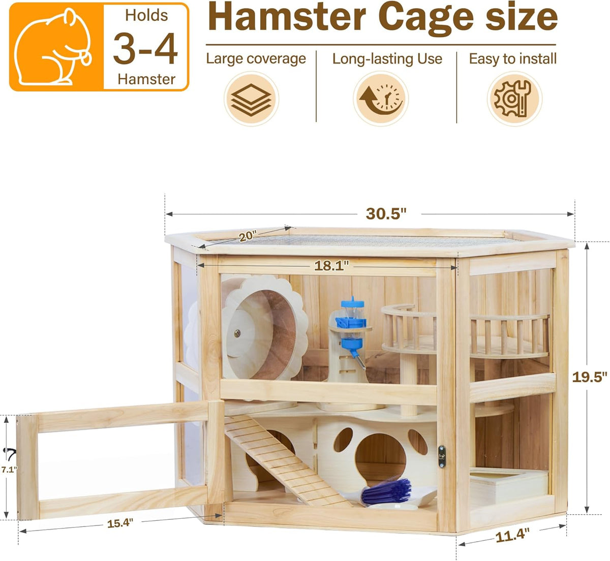 Wooden Hamster Cage 3 Tier Small Animal Cage,Large Syrian Hamster House with Openable Top and Acrylic Sheets 11-Piece Set (30" L x 20" W x 20" H)
