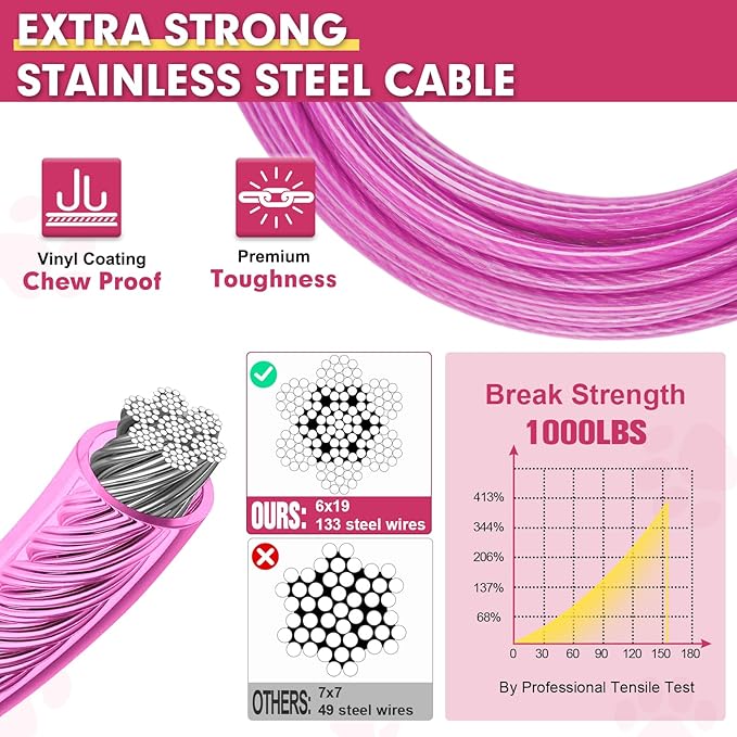 Snagle Paw 20FT Heavy Duty Dog Lead Cable with Shock Absorbing Spring & Swivel Hook, Dog Tether for Yard, Withstand 1000LBS Break Strength