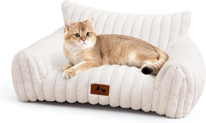 Cat Couch for Pets, Cute Cat Bed with Cozy Soft Faux Rabbit Fur for Kitten, Fuzzy Cats Sofa for Indoor Cats, Supportive Pet Sofa with Removable Washable Cover, Cream, 24"