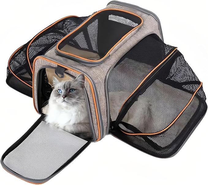 Expandable Cat Carrier Pet Carrier with 2 Extensions,Airline Approved Soft-Sided Portable Dog Travel Washable Carrier for Kittens,Puppies,Removable Soft Plush Mat (Grey Orange, Medium)