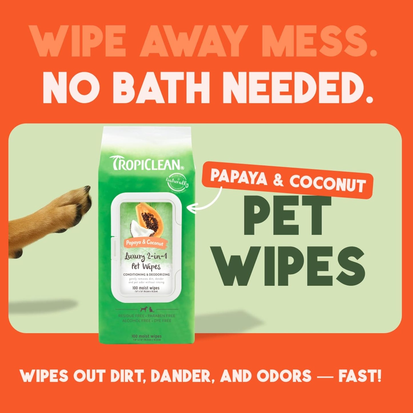 TropiClean Papaya & Coconut Luxury 2-in-1 Pet Wipes, 100ct - Wipes for Dogs & Cats - Gently Removes Dirt, Dander & Smells - for Pet Paws, Face, Body & Bottom - Tropical Papaya & Coconut Scent