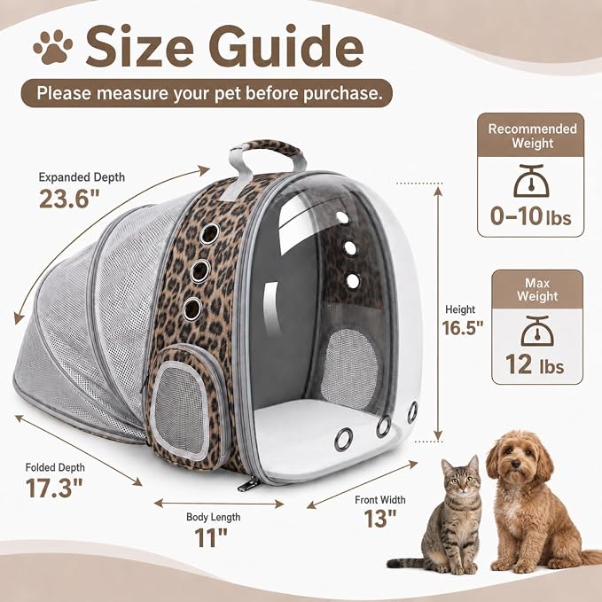 Expandable Cat Carrier Backpack for Cats & Dogs, Bubble Window Pet Travel Backpack with Breathable Mesh, Anti-Collapse Structure, Side Door, Safety Leash, for Vet Visits, Hiking, Outdoor, Animal