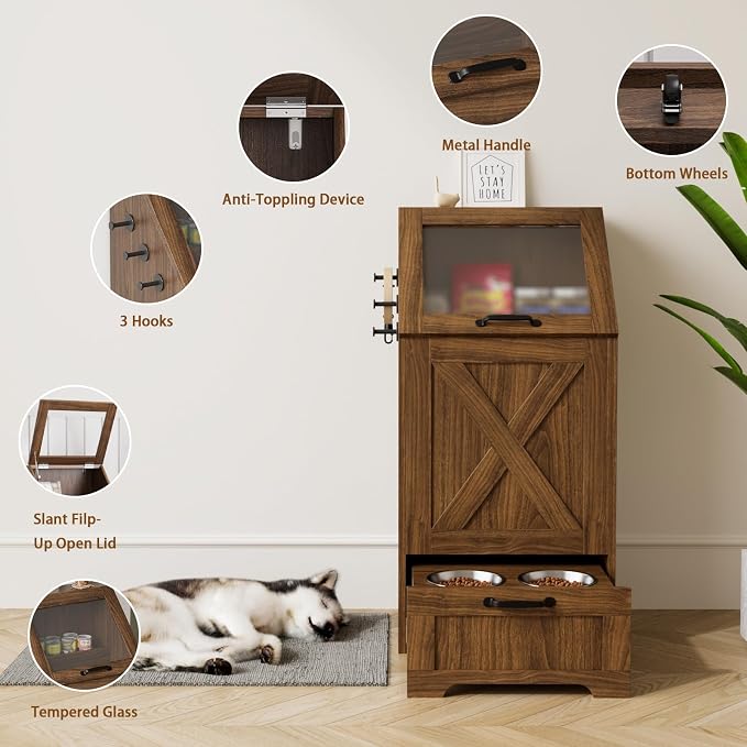 Dog Feeding Station,Dog Food Storage Cabinet,Pet Feeding Station with 2 Elevated Bowls,Hidden Pet Feeder Station with Hooks,Flip Top Pet Storage Organizer for Water,Feeding (Walnut)