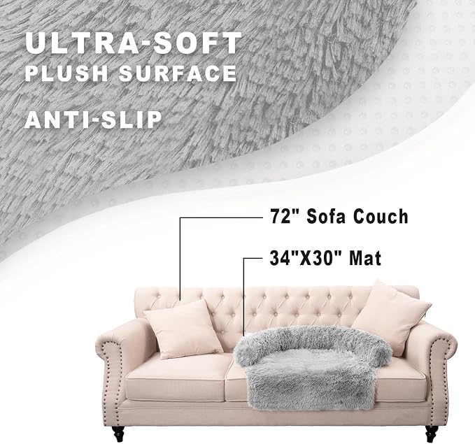Calming Dogs/Cats Bed Mats, Dog Pad Washable Removable Couch Cover, Plush Long Fur Mat for Pets, Waterproof Lining, Perfect for Small, Medium and Large Dogs and Cats (Light Gray, 34"x30")