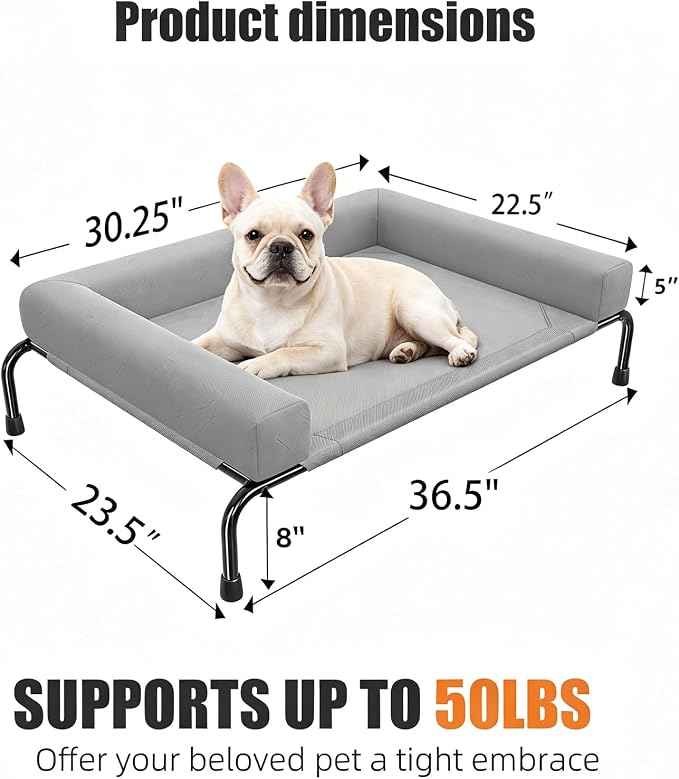 Simple Trending Elevated Dog Bed, Medium Dog Outdoor Cot, 36.5"x23.5", Grey | Cooling Raised Pet Bed, Removable & Washable Cover, Bolster Design, Breathable Mesh, Non-Slip Feet, Indoor & Outdoor Use