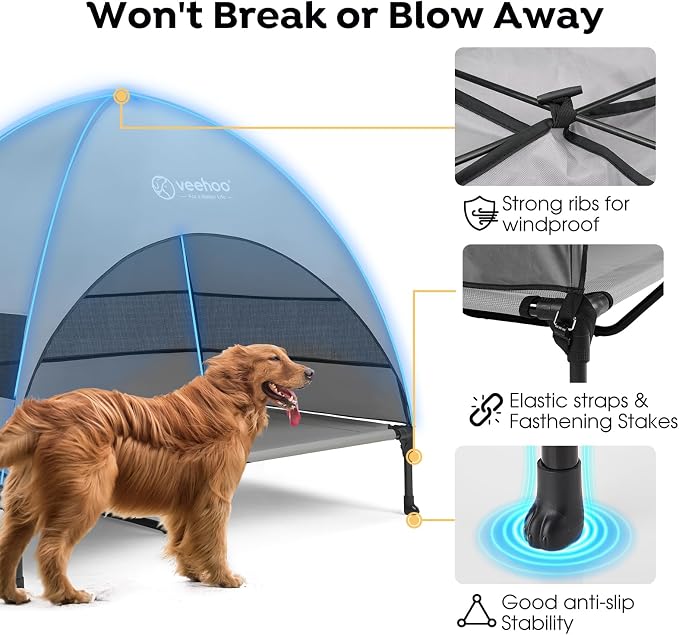 Veehoo Outdoor Dog Bed with Canopy, Cooling Elevated Dog Shade for Outside | Portable Raised Dog Cot with Removable Shade, Sun Protection Dog Tent Outdoor for Camping, Beach, 42" x 33.5", Grey