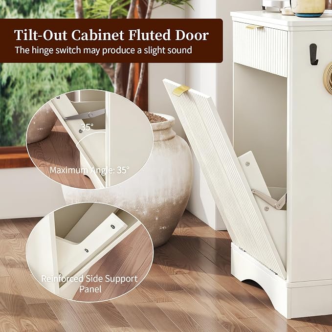 Tilt Out Trash Can Cabinet with Dog Bowl, 10 Gallons Dog Feeding Station with Storage Cabinet, Pet Feeder Cabinet with Hideaway Drawer for Kitchen, Living Room (Tilt-Out Dog Feeding Station-White)