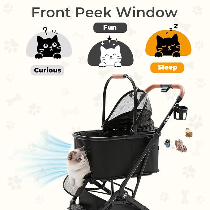 Pet Stroller for Cats and Small Dogs, Cat Strollers for 2 Cats with Detachable Carrier, Safety Leashes, Ventilated, Foldable,Pet Car Seat, All-Terrain Wheels, Storage Basket & Cup Holder, Black
