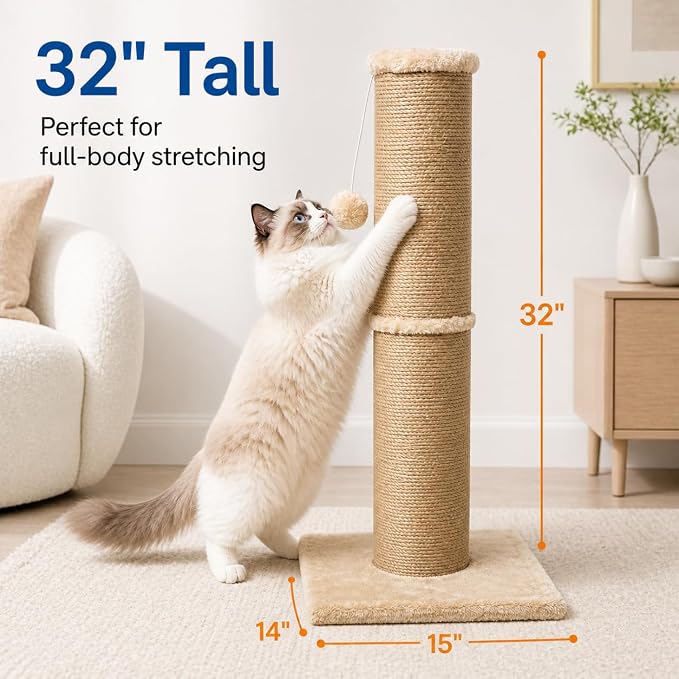 Sisal Cat Scratching Post for Indoor Cats & Kittens, 5.5" Diameter Heavy Duty Vertical Scratcher, 32 Inch Extra Tall Furniture Protector with Stable Base, Yellow