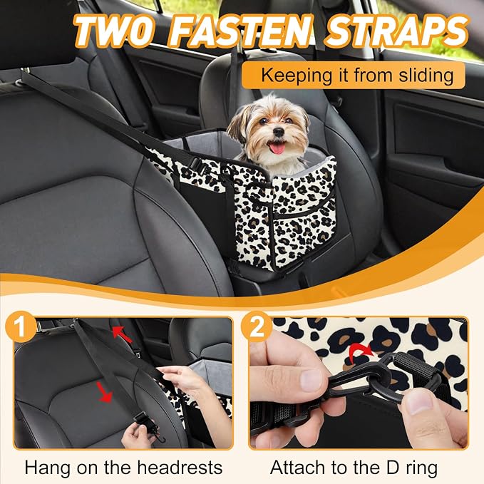 Portable Dog Car Seat for Small Dogs, Puppy Car Seat, Leopard | Booster Seat With Safety Leash & Adjustable Straps Keeps Small Dogs Secure. Removable Washable Cushion. Fits Most Cars.