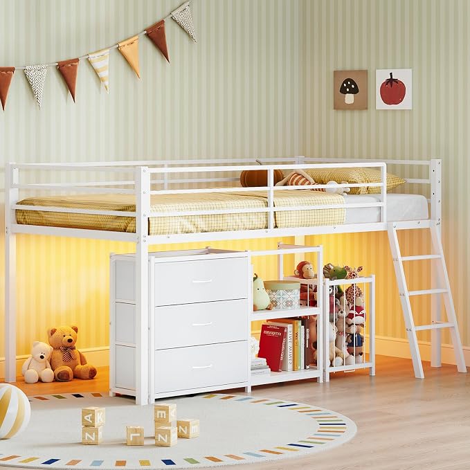 Bonnlo Low Loft Bed with 3 Drawers, 2-Tier Storage Shelf and Toy Storage Basket, Metal loft Bed Twin Size with LED Lights and Safety Guardrail for Kids (White)