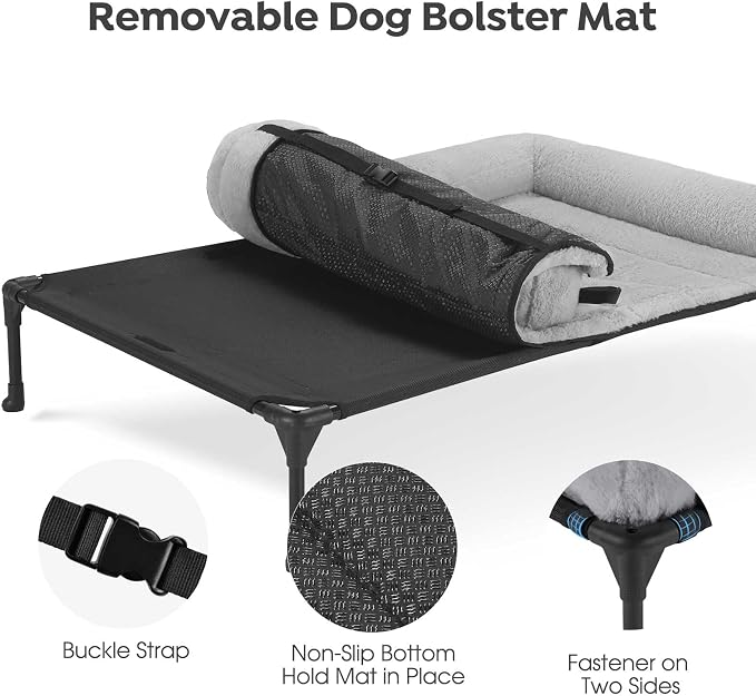 Veehoo Elevated Dog Beds Medium Sized Dog with Fluffy Plush Bolster Cushion | Orthopedic Raised Dog Beds for Indoor Outdoor, Soft Pet Sofa Cot with Removable Washable Mat, No-Slip Feet, 32" x 25", Grey