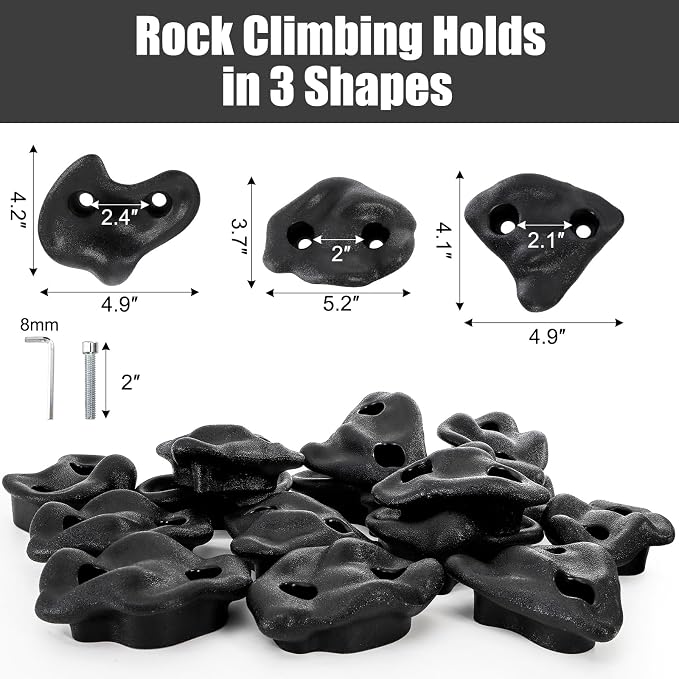 ZENFUN 18 Pc Rock Climbing Holds, Indoor & Outdoor Rocks Wall Climbing Kit, Black Rock Climb Holds Playground Play Set, Multi-Shape Climbing Rock Wall Grips with Mounting Hardware