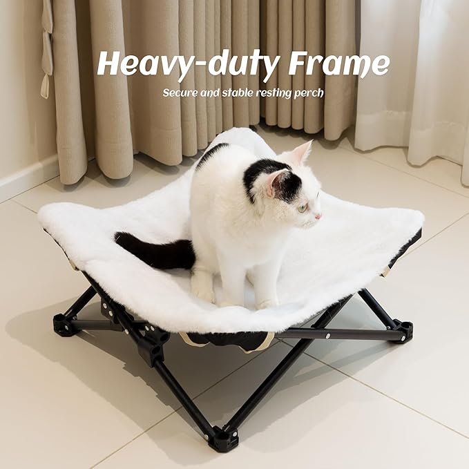 PETKARAY Foldable Cat Hammock Bed, Elevated Fluffy Kitty Lounge Furniture with Metal Frame, Raised Cat Hammock Chair for Indoor Cats
