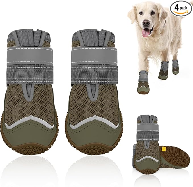 SlowTon Dog Shoes for Large Small Medium Dogs - Breathable Dog Boots for Summer Hot Pavement, Paw Protector for Outdoor Walking Winter Snow, Anti-Slip Rubber Dog Booties for Hardwood Floor (Brown, 6)