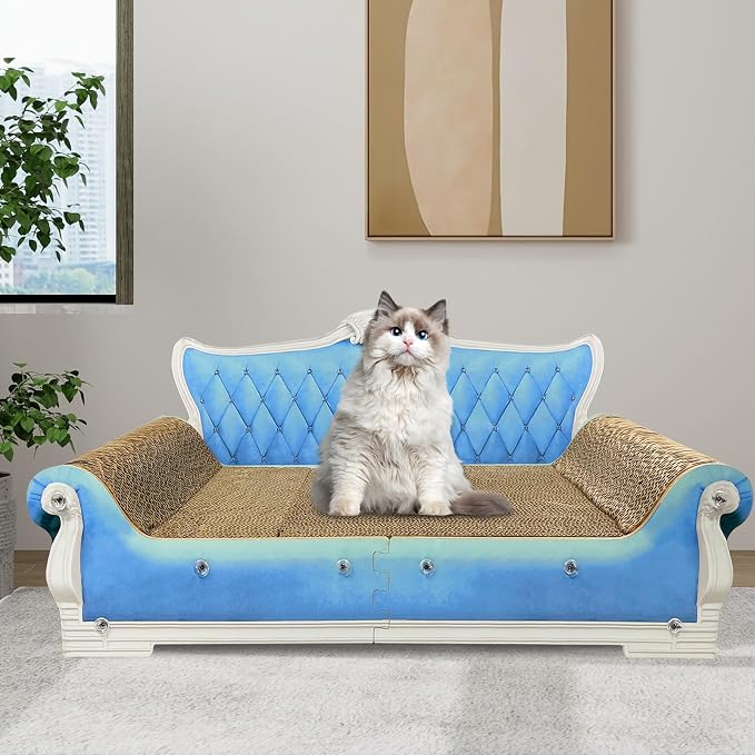 Luxury Cardboard Cat Scratcher Sofa Bed, Couch Shaped Scratching Board, Scratch Lounge with Catnip, Cat Scratcher for Indoor Cats Large Blue 25.4“x12