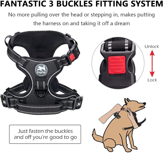 PoyPet No Pull Dog Harness Medium with Front Clip & Neck Release Buckle | No Choke, Adjustable Vest, Reflective, Back Clip, Lockable, Soft Padded, Easy Control Handle for Walking Training, M, Black