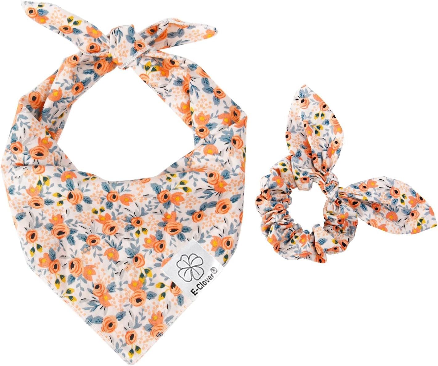 E-Clover Dog Bandanas & Matching Scrunchie Set Cute Flower Dog Scarf Bibs Girl Pet Bandana with Bow Tie for Medium Large Dogs Owner Mom Spring