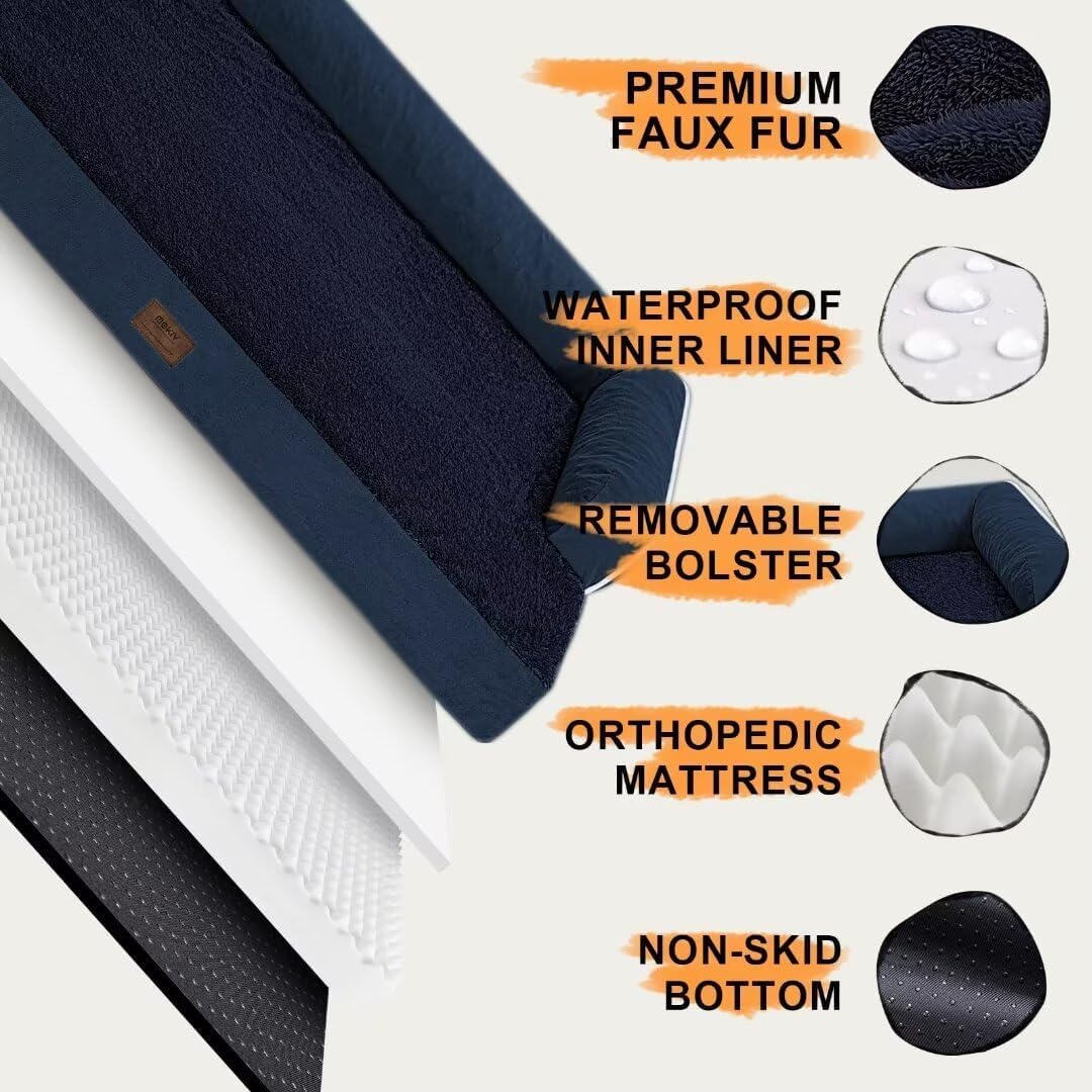 Extra Large Dog Bed-Orthopedic Waterproof XL Dog Bed for XLarge Extra Big Dogs - Foam Couch Sofa Washable with Removable Cover-Navy Blue
