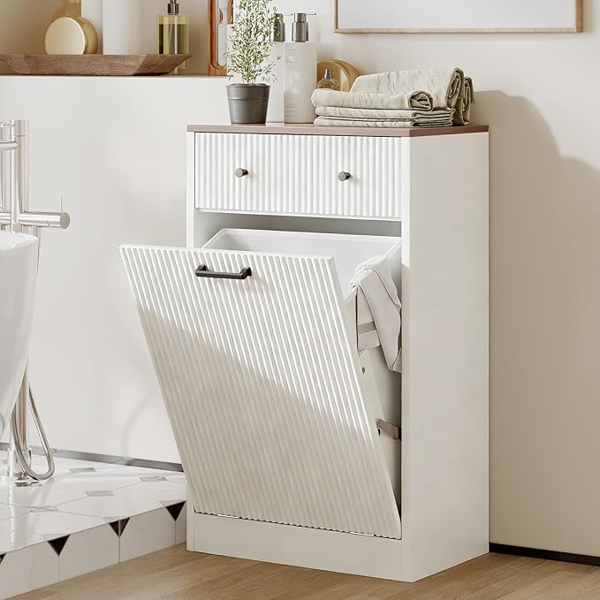 10 Gallon Tilt Out Trash Can Cabinet with Drawer - Modern Fluted Hidden Garbage Bin Holder, Curved Edge Wooden Laundry Hamper Cabinet, White