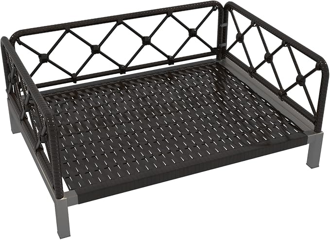 Elevated Waterproof Dog Beds with Egg Crate Foam Support, Outdoor Dog Sofa Bed PE Wicker Orthopedic Pet Bed with Washable Removable Cushion for Large, Medium, Small Dogs (White)