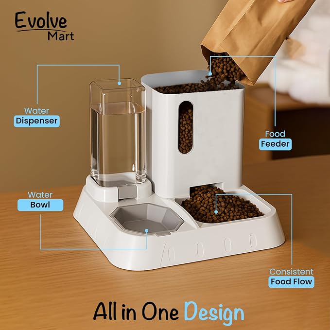 Automatic Pet Feeder & Water Dispenser – 2-in-1 Large Gravity Dog & Cat Food Feeder Water Bowl – Easy to Clean, No Power Needed – Durable, Non-Slip, Indoor/Outdoor Pet Station (Grey)
