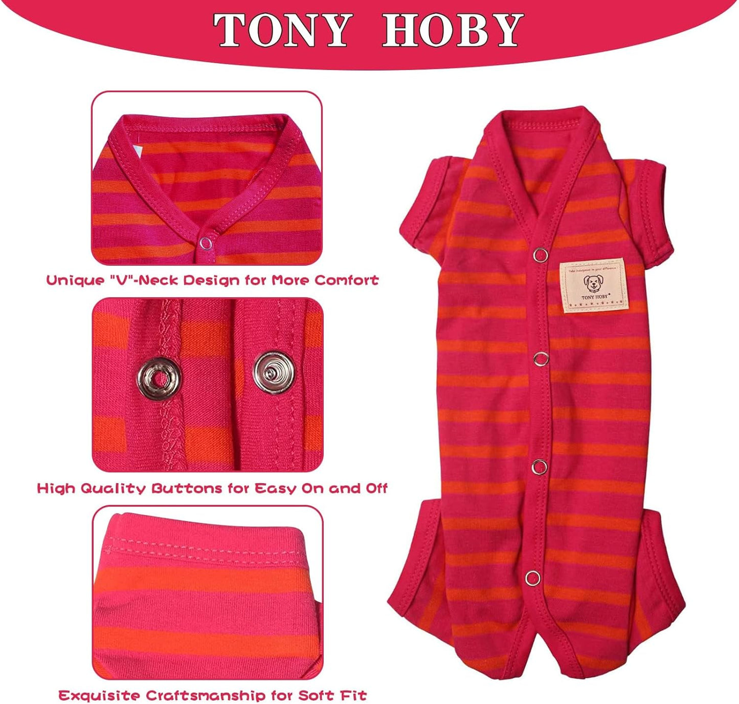TONY HOBY Dog Pajamas, Female/Male Dog 4 Legged Pajamas, Soft Cotton Dogs Jumpsuit with Stripes (Rose Red&Orange, Girl, L)
