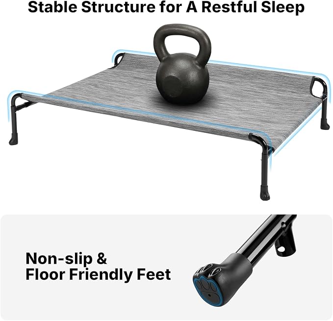 Veehoo Outdoor Dog Bed, Raised Dog Bed for Large Dogs, Elevated Dog Bed with Headrest, Washable Cooling Pet Cot, Breathable Dog Hammock for Camping & Indoor, Non-Skid, 41", Black Silver