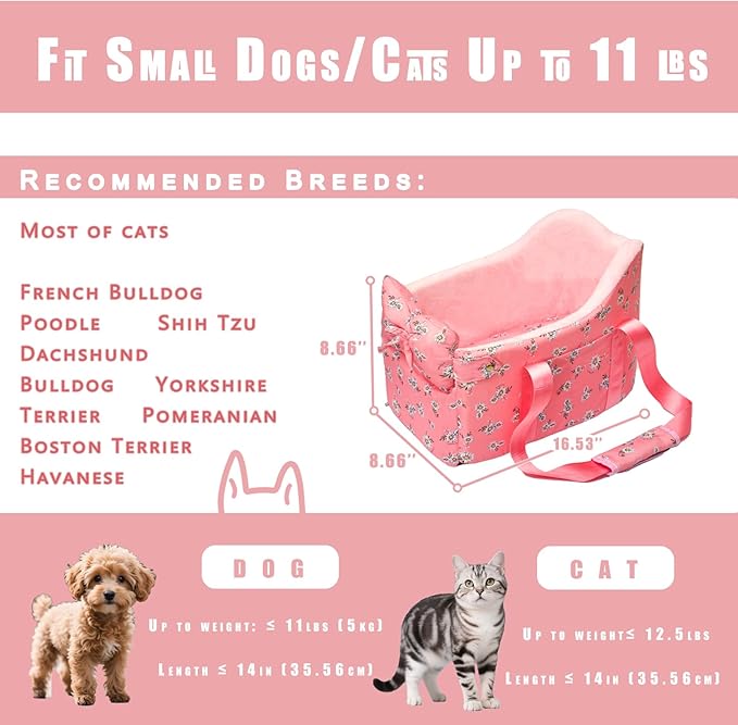 Console Dog Car Seat for Small Dogs Up to 11 Lbs, Pink Daisy | Portable Armrest Booster With Soft Cushion Safety Belt