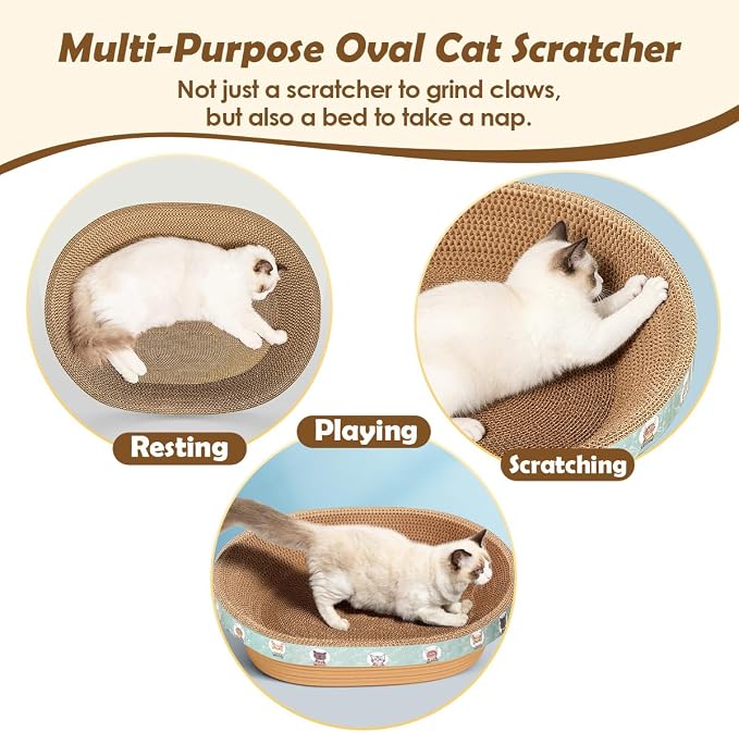 Extra Large Cat Scratcher Bed, 21.6" x 14.9" x 4.3" XL XXL Cat Scratch Cardboard, Scratching Board Pad for Indoor Cats Kitty Kittens, Scratch Lounge House Couch, Furniture Protector, Oval