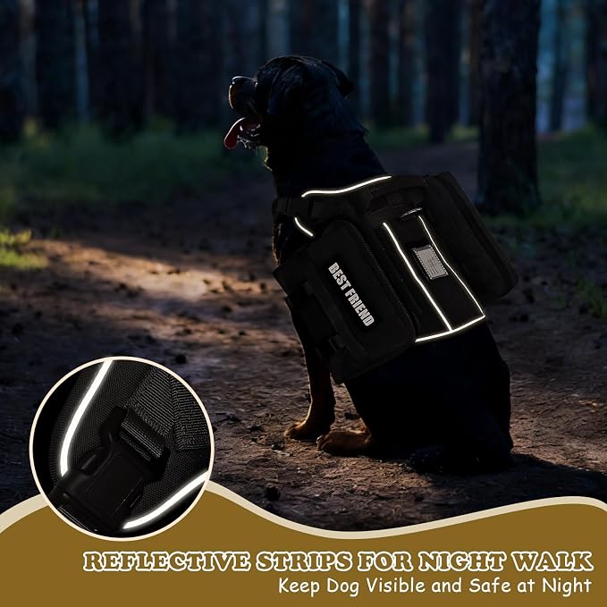Dog Backpack Harness and Leash Set for Medium Sized Dog Black M | Removable Side Pockets Dog Vest with Padded Handle&MOLLE,No Pull Front&Back Metal Clips for Hiking Training Walking Hunting