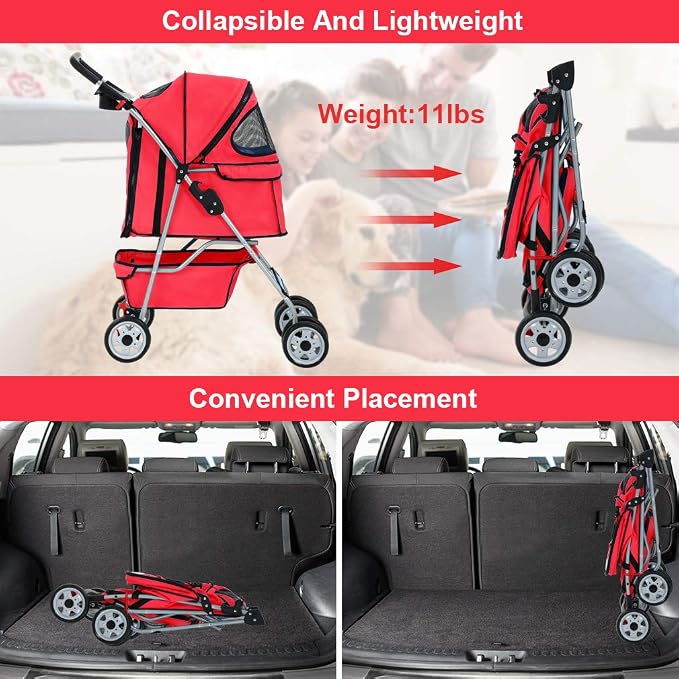 Pet Stroller Pet Carrier Dog Stroller Cat Stroller Folding Lightweight 4 Wheels Jogger Stroller with Storage Basket and Cup Holder