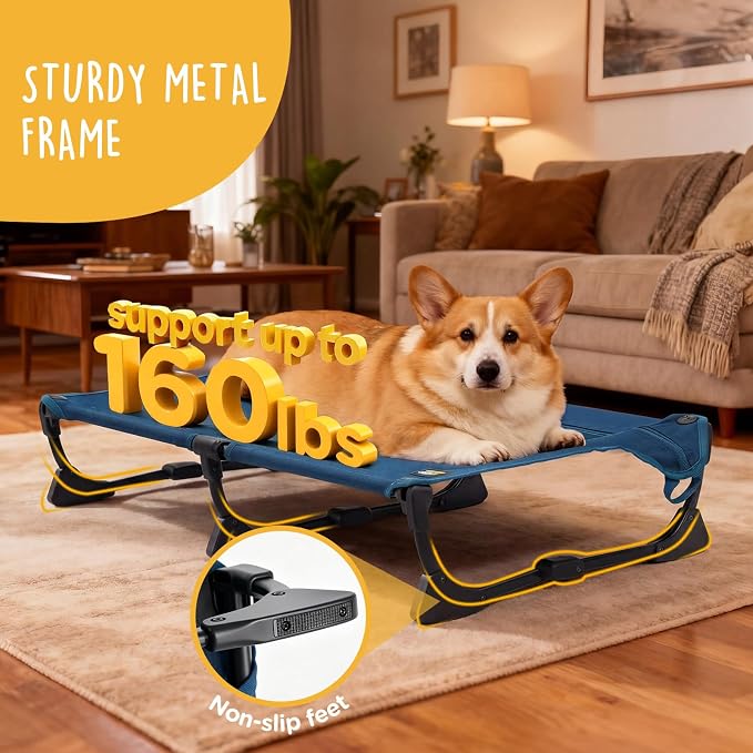 Upgraded Non-Slip Daisy Cot, Medium Foldable Elevated Dog Bed, Portable Raised Outdoor Dog Cot for Camping/Home, Chew Proof Waterproof Heavy Duty Up to 160 Lbs, Dark Blue, 32"x 23"
