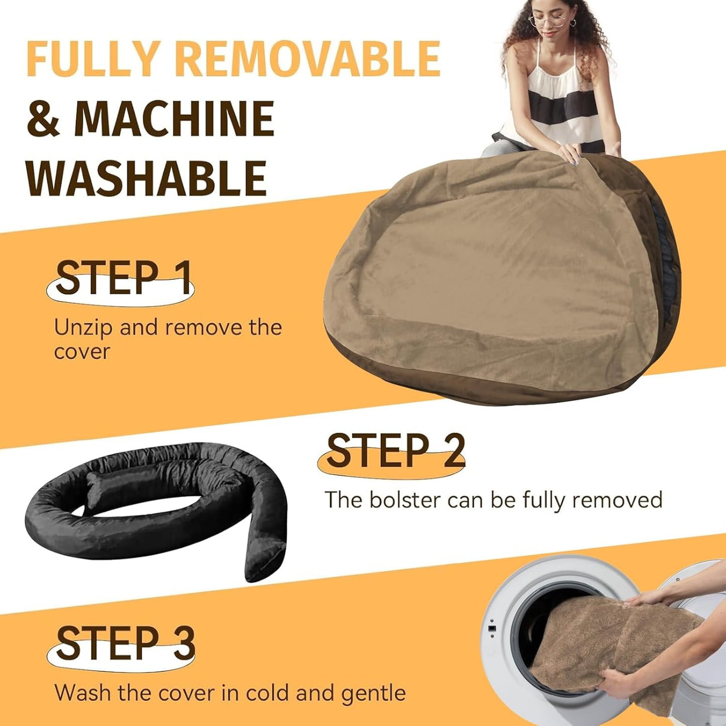 Orthopedic Waterproof Large Dog Bed: Memory Foam Washable Dog Bed with Bolsters - Removable Orthopedic Cover for Medium L XL Large Sized Pet - Non-Slip Bottom - Coffee