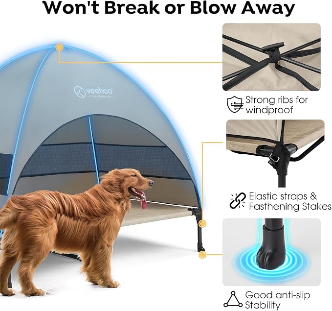 Veehoo Outdoor Dog Bed with Canopy, Cooling Elevated Dog Shade for Outside | Portable Raised Dog Cot with Removable Shade, Sun Protection Dog Tent Outdoor for Camping, Beach, 49" x 42.5", Beige Coffee