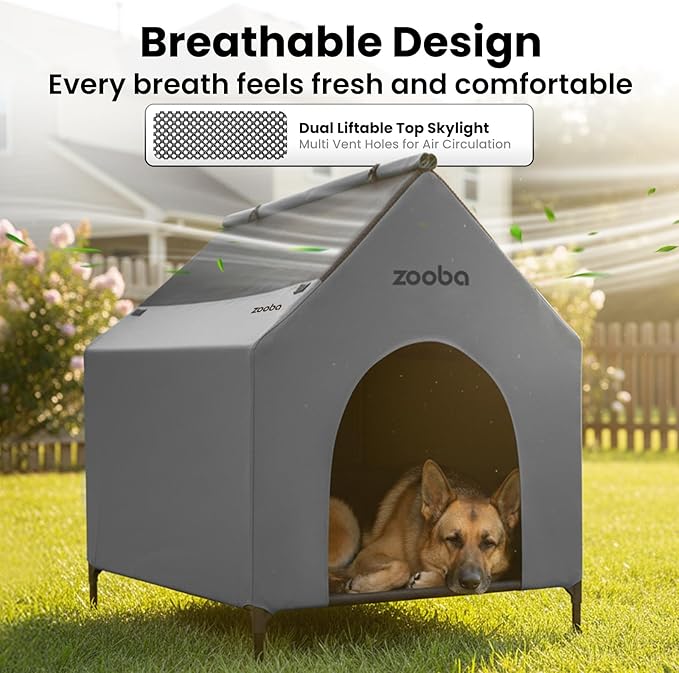 Zooba Large Dog House Outdoor, 36in Elevated 2-in-1 Cot & Canopy | Breathable mesh keeps dogs cool; water-resistant canopy for mild weather; interior fits Labs, Goldens, 15-min setup