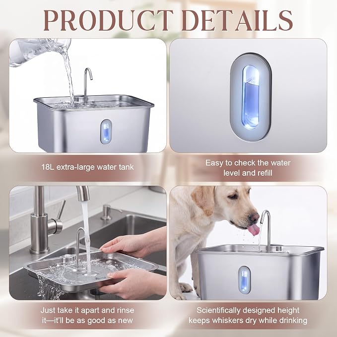 18L/4.76 Gal Extra Large Dog Water Fountain Stainless Steel Quiet Pet Automatic Water Fountain for Large Dogs with Deeper Wider Drinking Bowl and Visible Level Window for Multi-pet Household